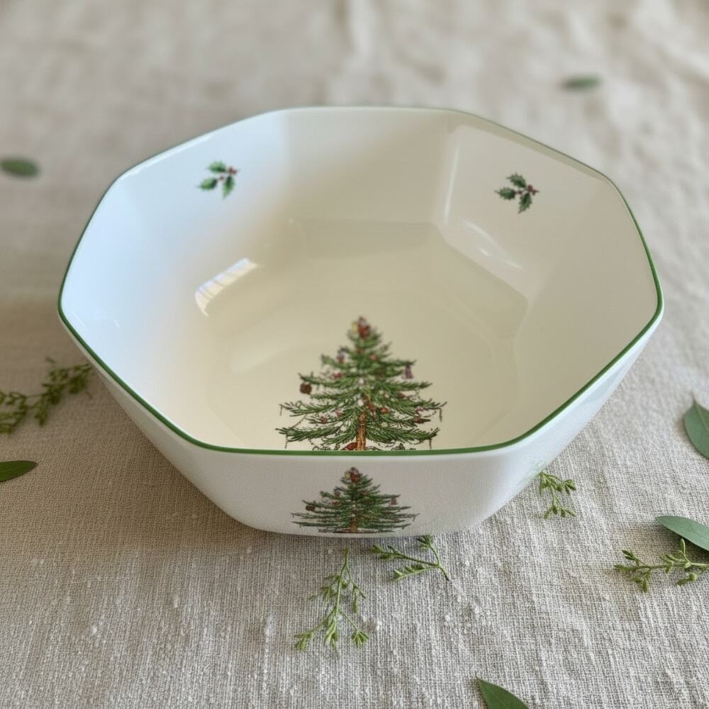Spode Christmas Tree Octagonal Bowl w Box-8''-Holiday Serving Dish-Vintage-China
